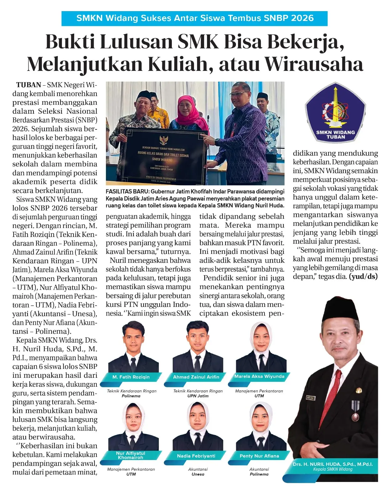 Daftar siswa SMKN Widang yang lolos SNBP 2026 ke Polinema, Unesa, UPN Jatim, dan UTM.