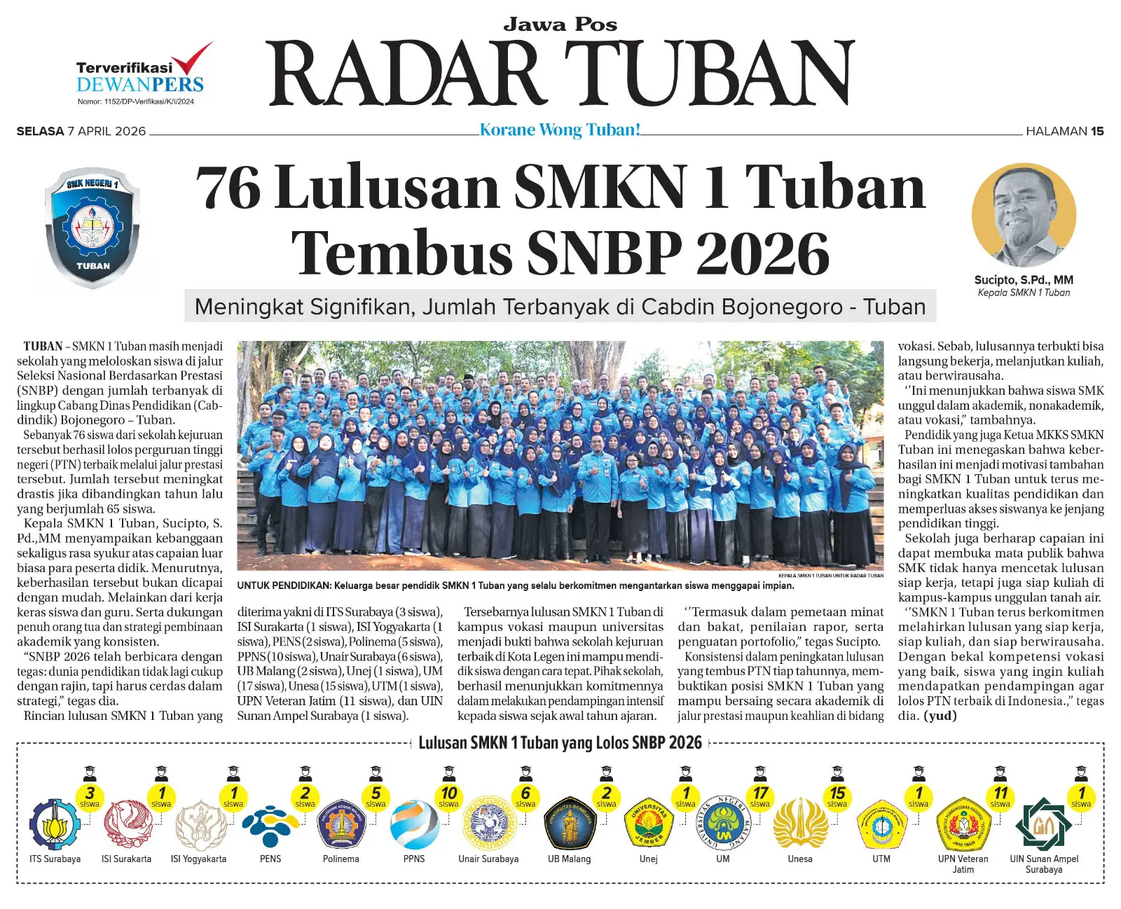 Keberhasilan 76 siswa SMKN 1 Tuban lolos SNBP tak lepas dari strategi pembinaan dan pendampingan intensif sekolah. (RADAR TUBAN)