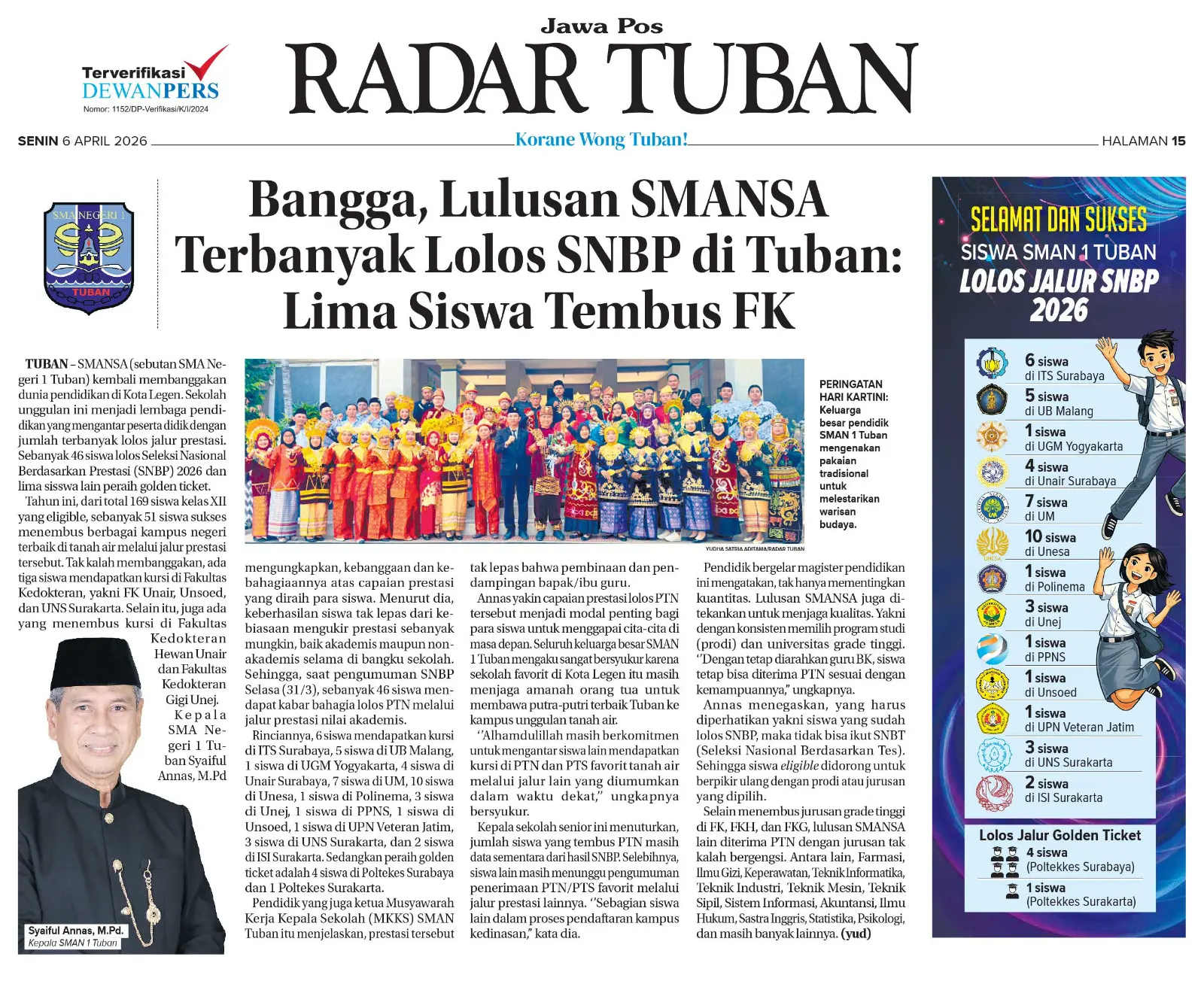 SMANSA Tuban mengantarkan 51 siswa ke PTN lewat SNBP 2026, membuktikan konsistensi kualitas pendidikan. (RADAR TUBAN)