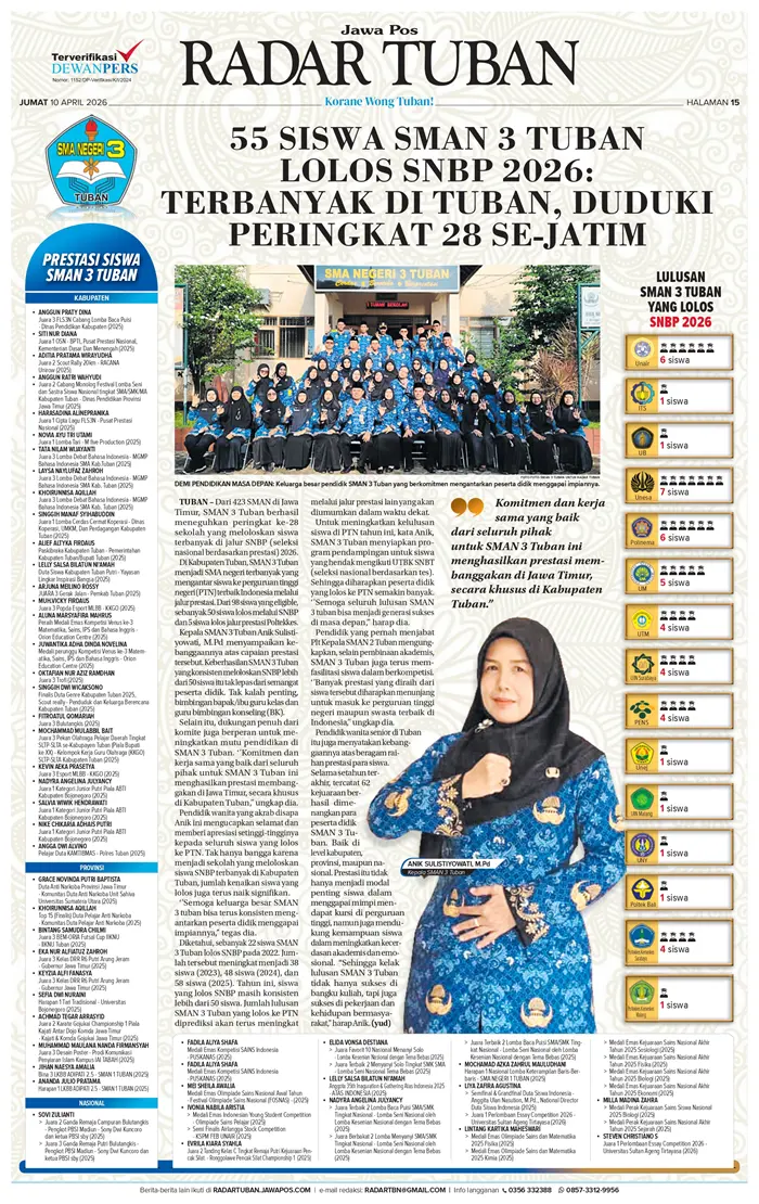 Konsisten berprestasi, SMAN 3 Tuban antarkan 50 siswa ke PTN lewat SNBP 2026 dan terus meningkat tiap tahun. (RADAR TUBAN)