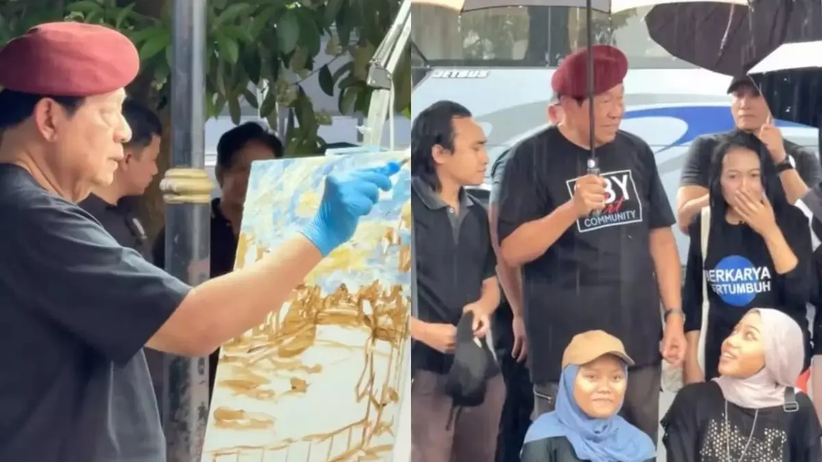 Ditengah guyuran Hujan, SBY terhenti lukis keindahan Bengawan solo.