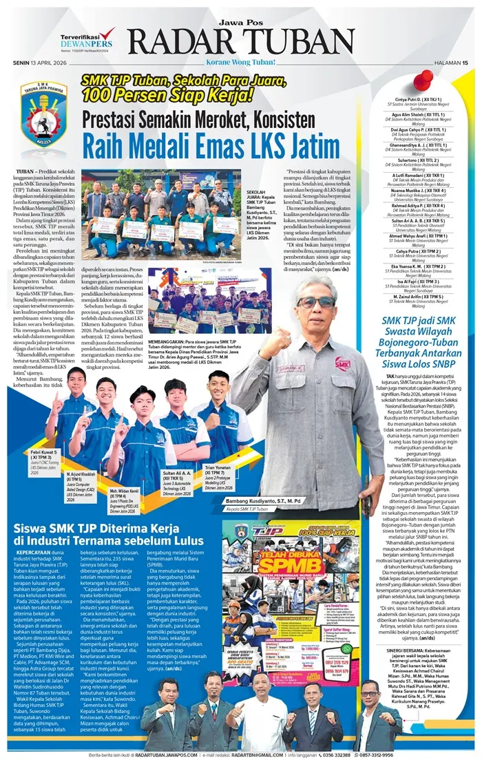 SMK TJP Tuban mendominasi LKS Jatim 2026 dengan 5 medali. Prestasi ini melanjutkan tren positif dalam empat tahun terakhir. (RADAR TUBAN)