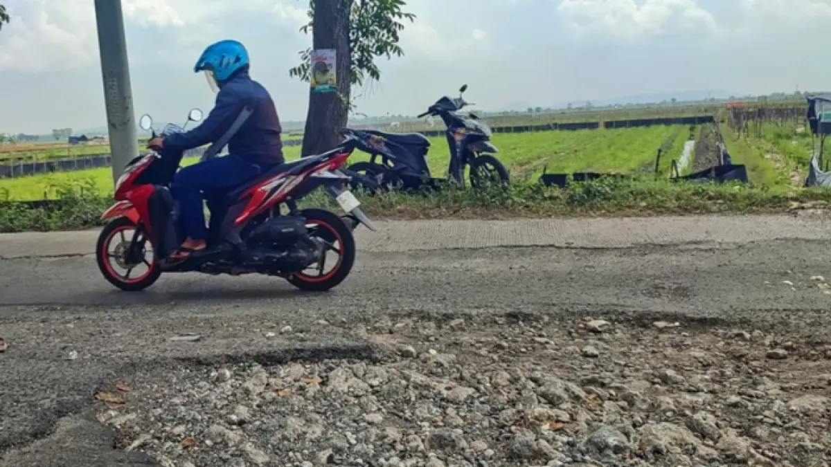 Kondisi jalan raya Widang – Rengel, tepatnya di Desa Kedungsoko, Kecamatan Plumpang yang bertebaran lubang yang menganga. Foto diambil Jumat (10/4). (ANDREYAN/RADAR TUBAN)