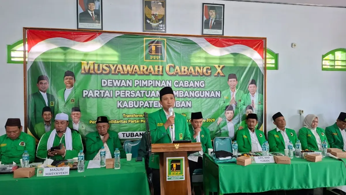 Ach Husam menyampaikan sambutan dalam Muscab X PPP Tuban, Rabu (15/4) lalu. (M. MAHFUDZ MUNTAHA)