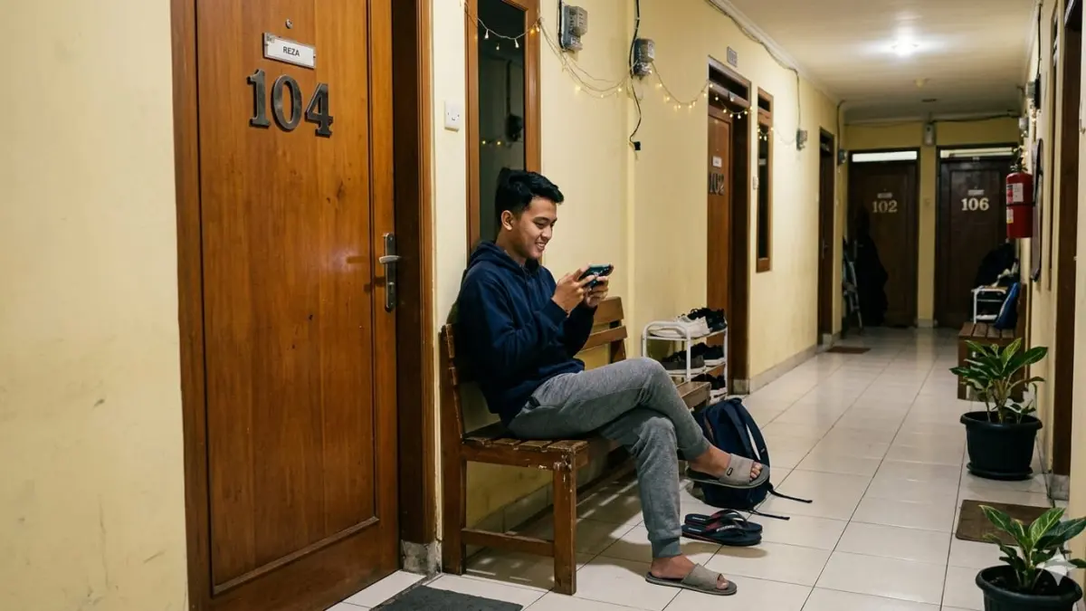 Ilustrasi anak kos yang tengah menggunakan internet. (RADARTUBAN/AI)