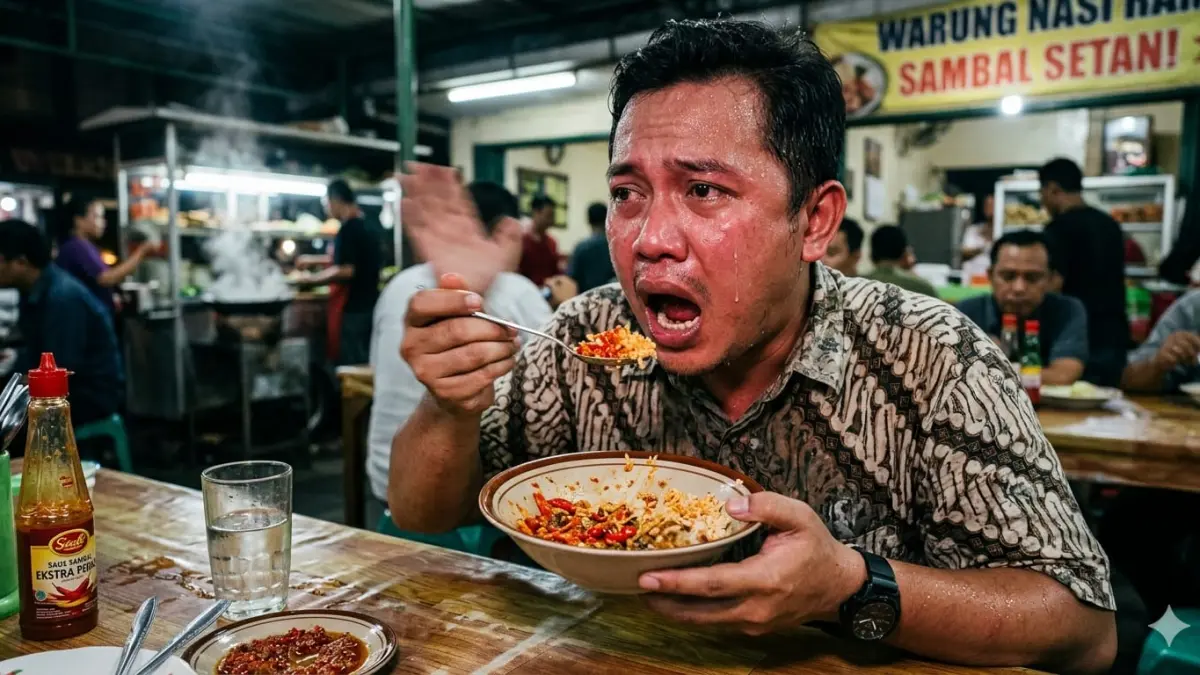 Ilustrasi orang yang sedang kepedesan. (RADARTUBAN/AI)