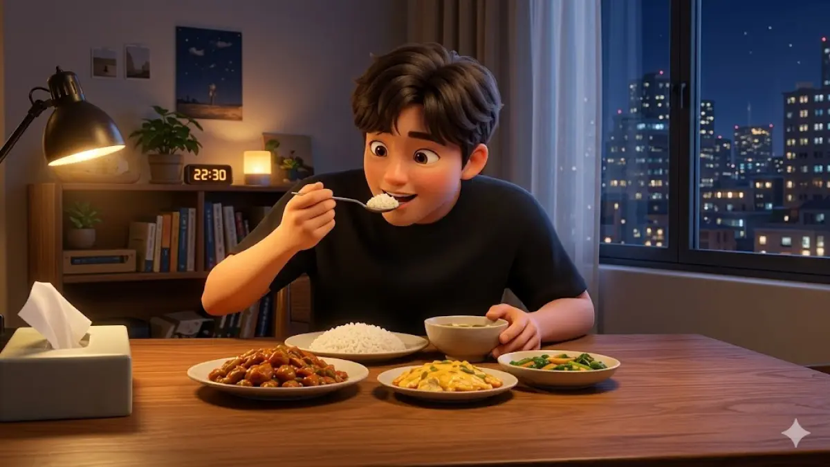 Ilustrasi orang yang sedang makan saat tengah malam. (RADARTUBAN/AI)