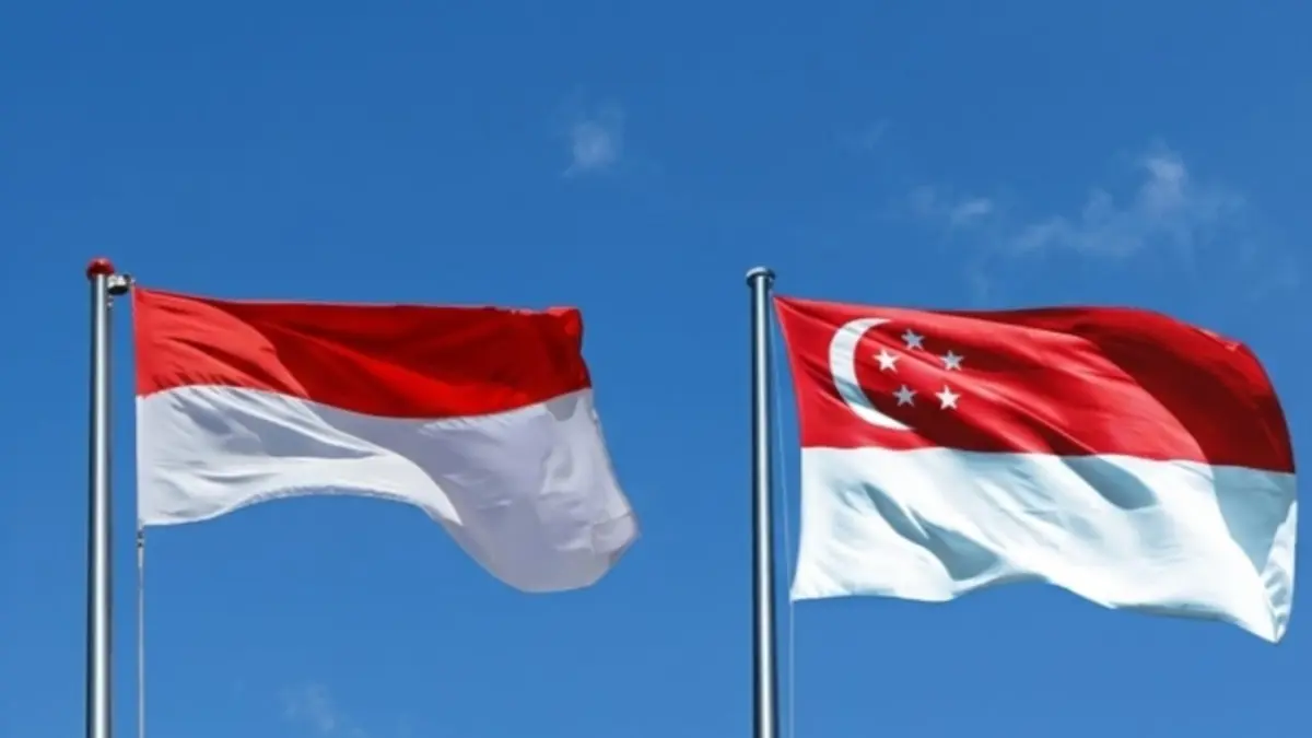Ilustrasi bendera Republik Indonesia dan Singapura. (RADARTUBAN/AI)