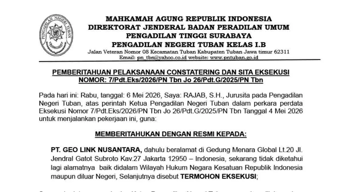 PEMBERITAHUAN PELAKSANAAN CONSTATERING DAN SITA EKSEKUSI   
NOMOR: 7/Pdt.Eks/2026/PN Tbn Jo 26/Pdt.G/2025/PN Tbn