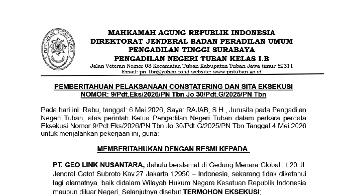 Pemberitahuan Pelaksanaan Constatering dan Sita Eksekusi Pengadilan Negeri Tuban Kelas I.B