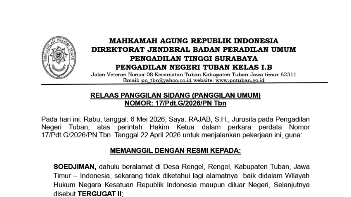 Relaas Panggilan Sidang (Panggilan Umum) Pengadilan Negeri Tuban Kelas I.B