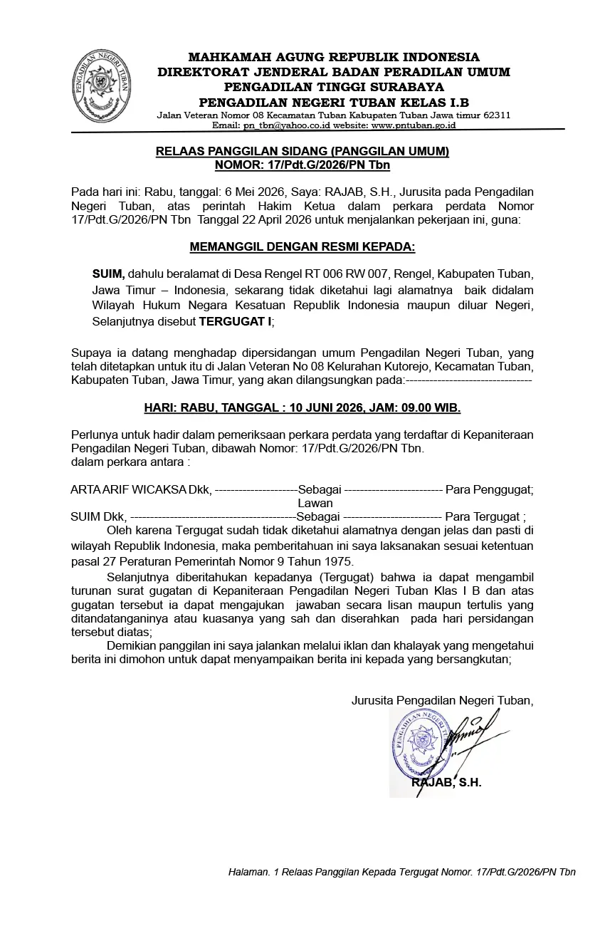 Relaas Panggilan Sidang (Panggilan Umum) Pengadilan Negeri Tuban Kelas I.B NOMOR: 17/Pdt.G/2026/PN Tbn