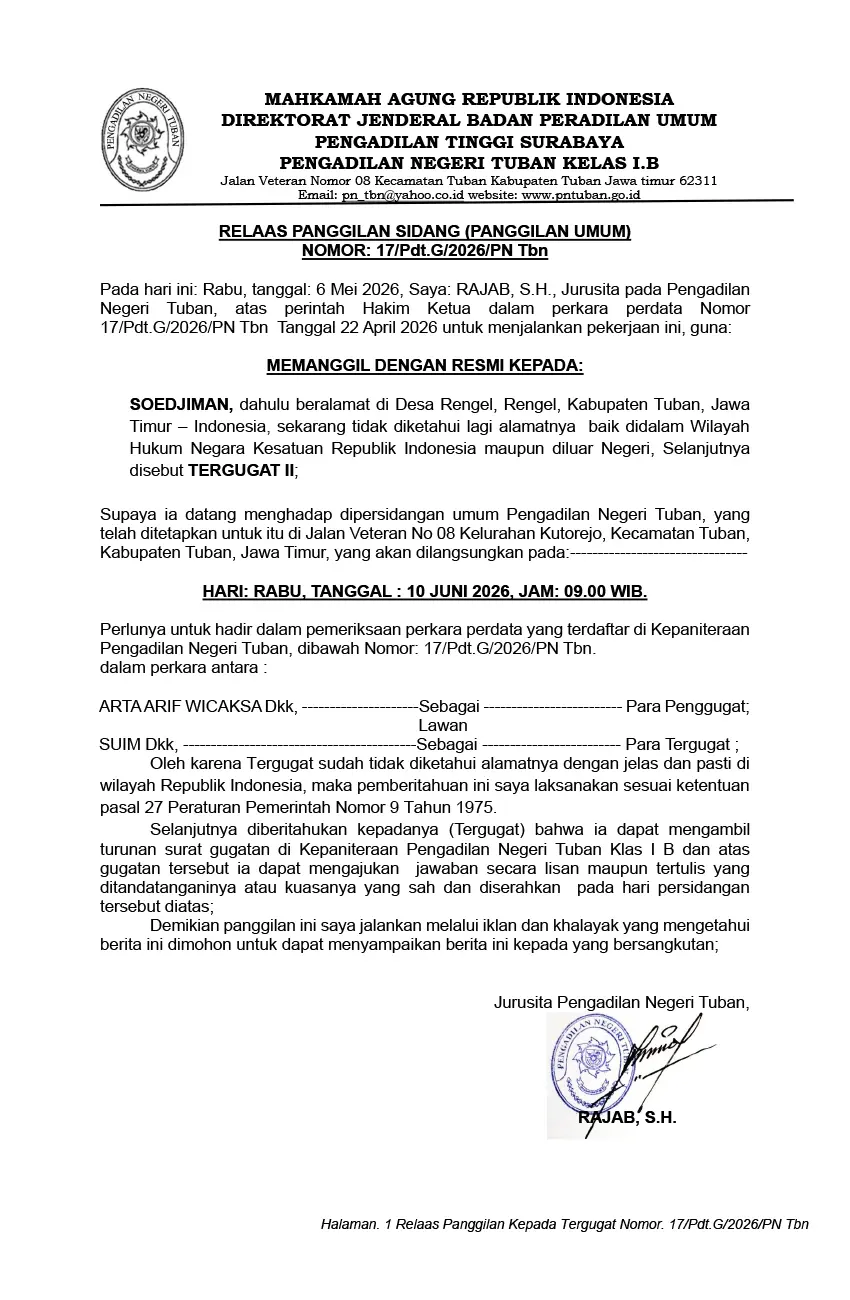 Relaas Panggilan Sidang (Panggilan Umum) Pengadilan Negeri Tuban Kelas I.B NOMOR: 17/Pdt.G/2026/PN Tbn