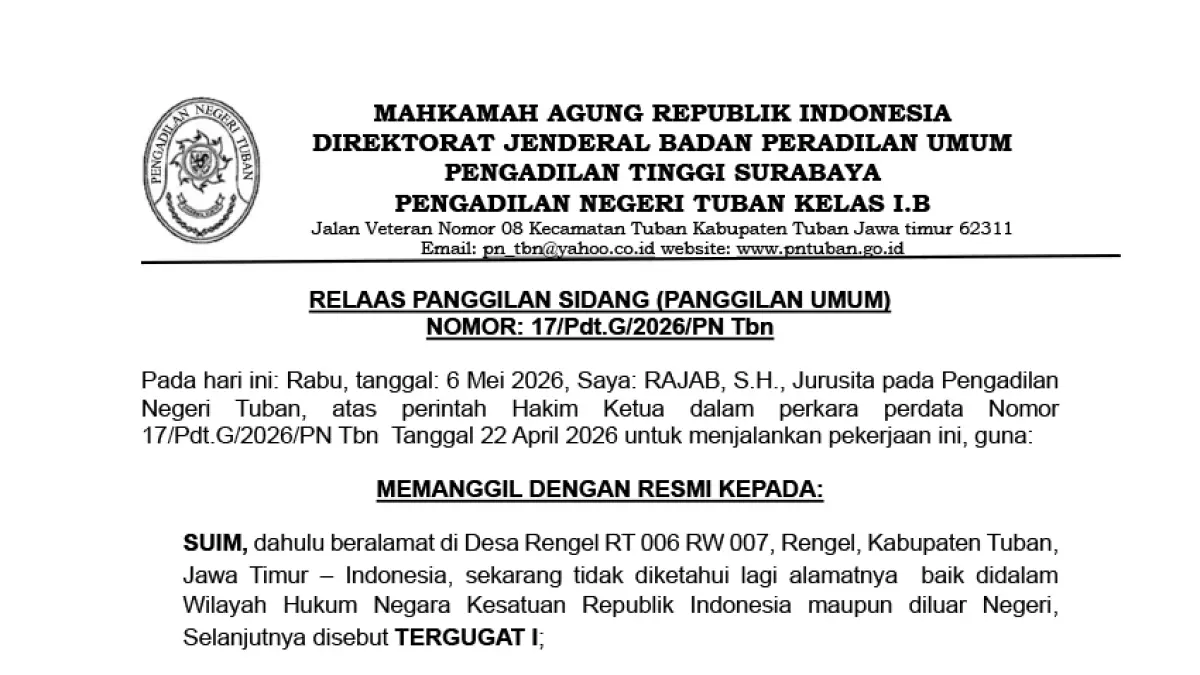 Relaas Panggilan Sidang (Panggilan Umum) Pengadilan Negeri Tuban Kelas I.B NOMOR: 17/Pdt.G/2026/PN Tbn