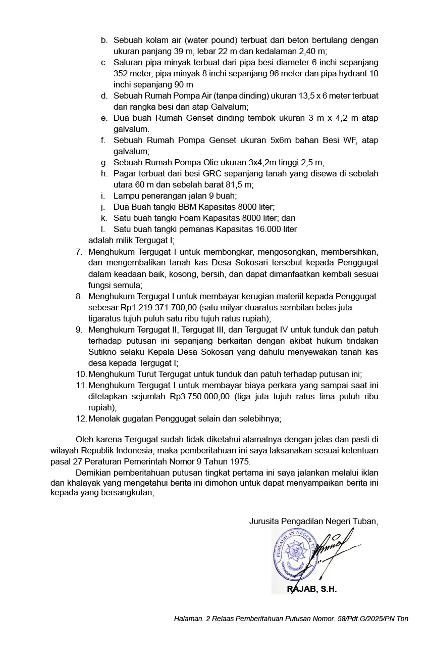 Relaas Pemberitahuan Putusan Pengadilan Negeri Tuban