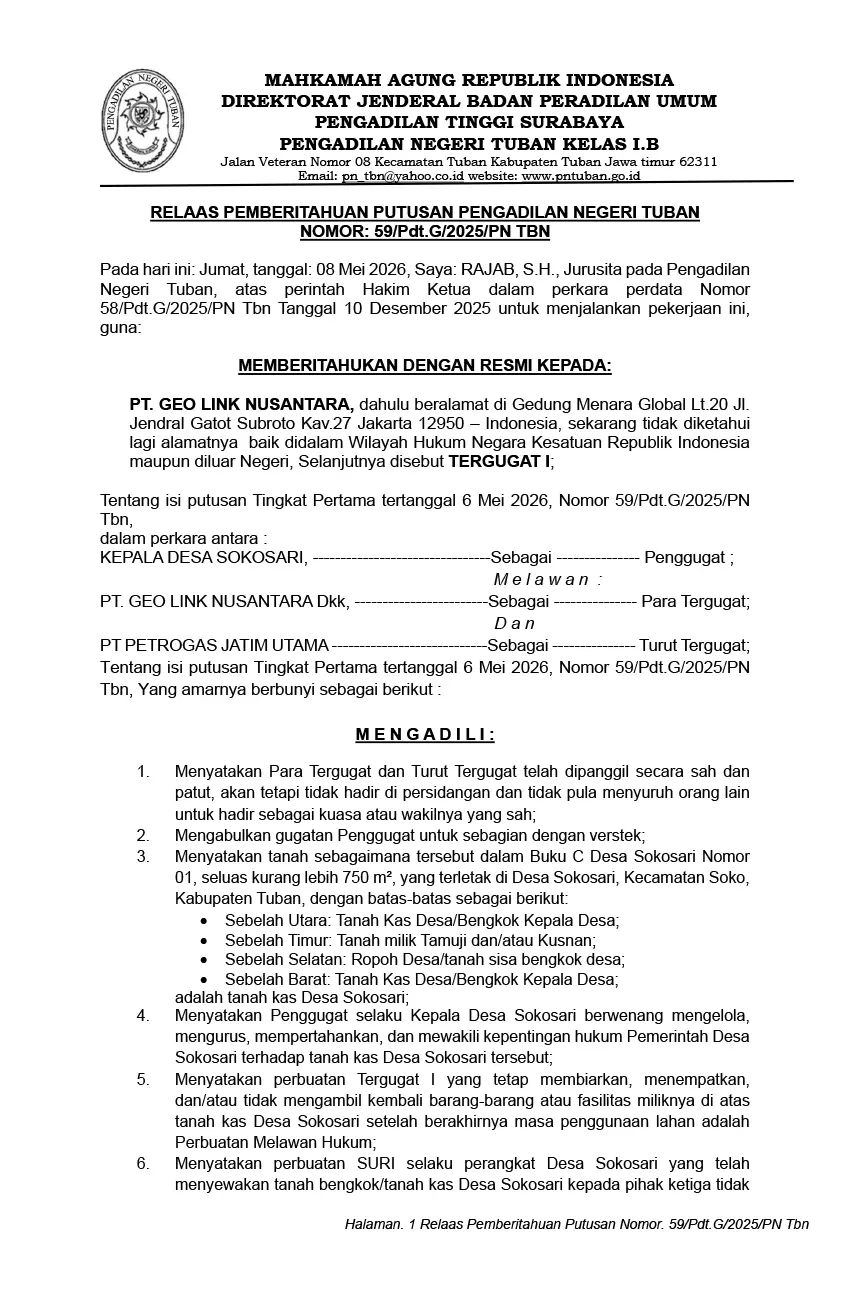 Relaas Pemberitahuan Putusan Pengadilan Negeri Tuban