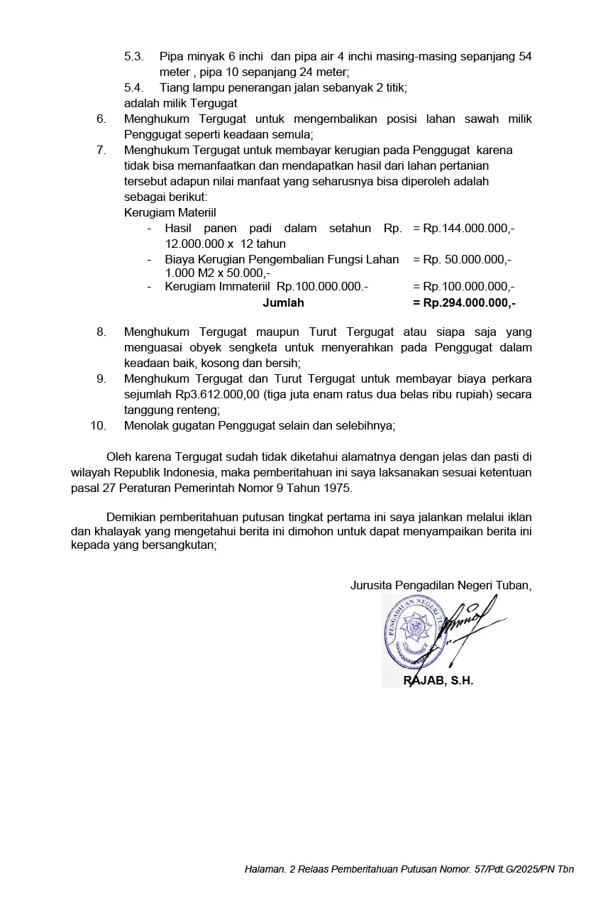 Relaas Pemberitahuan Putusan Pengadilan Negeri Tuban 
