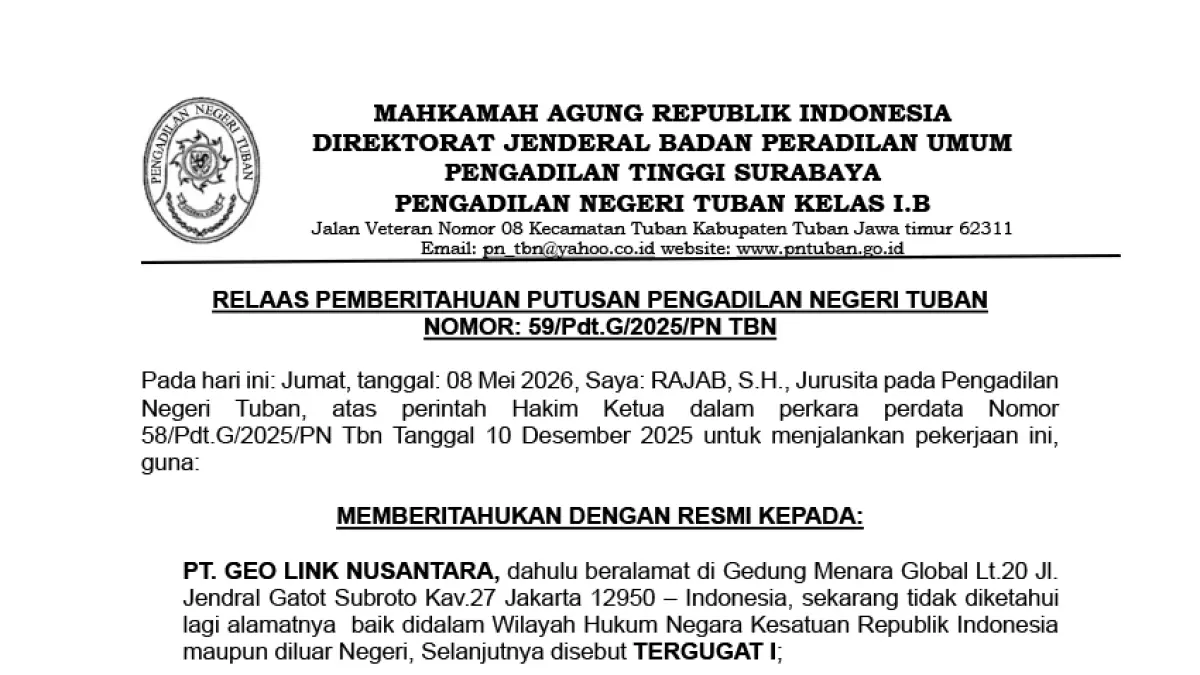 Relaas Pemberitahuan Putusan Pengadilan Negeri Tuban