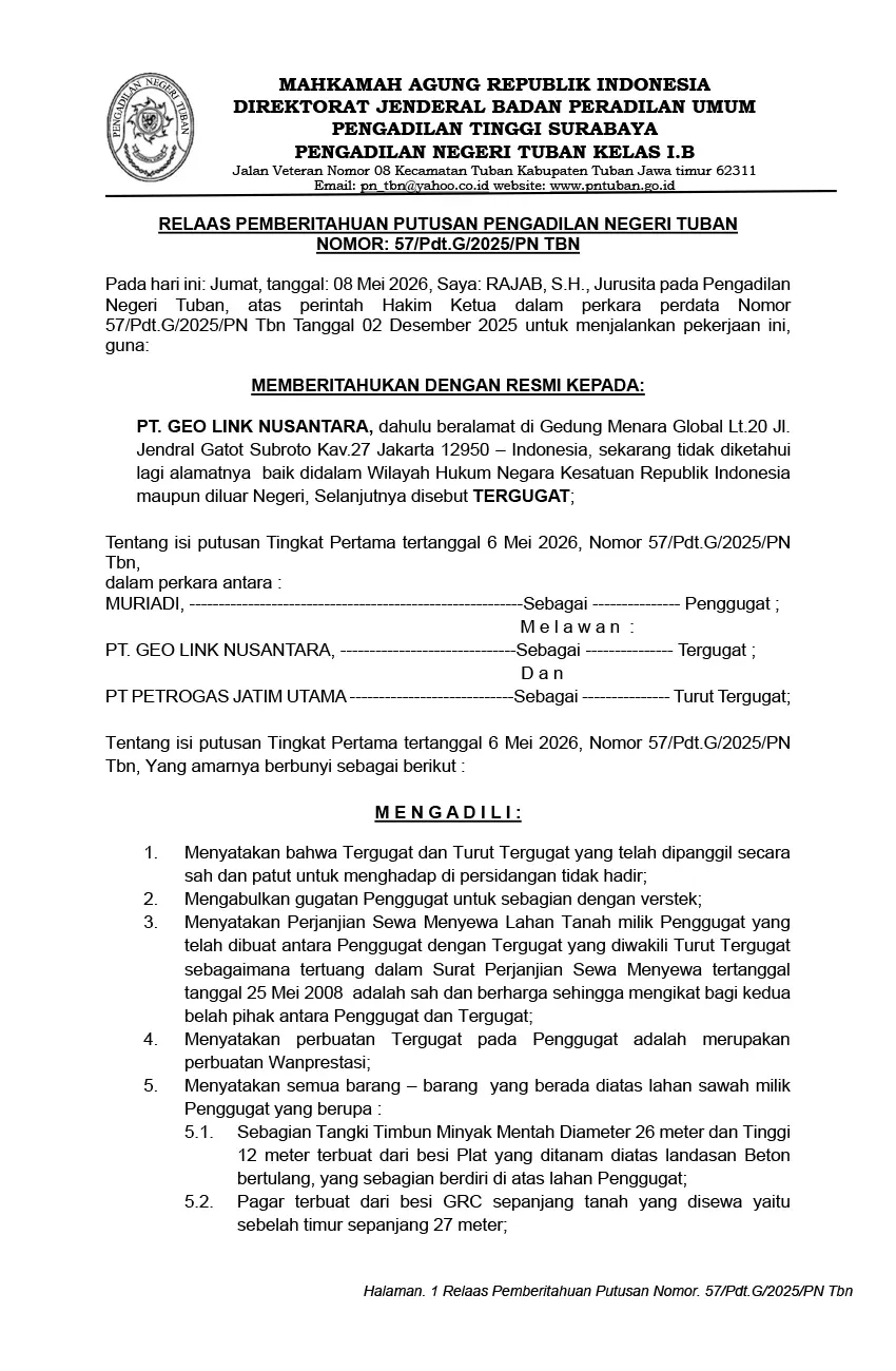 Relaas Pemberitahuan Putusan Pengadilan Negeri Tuban 