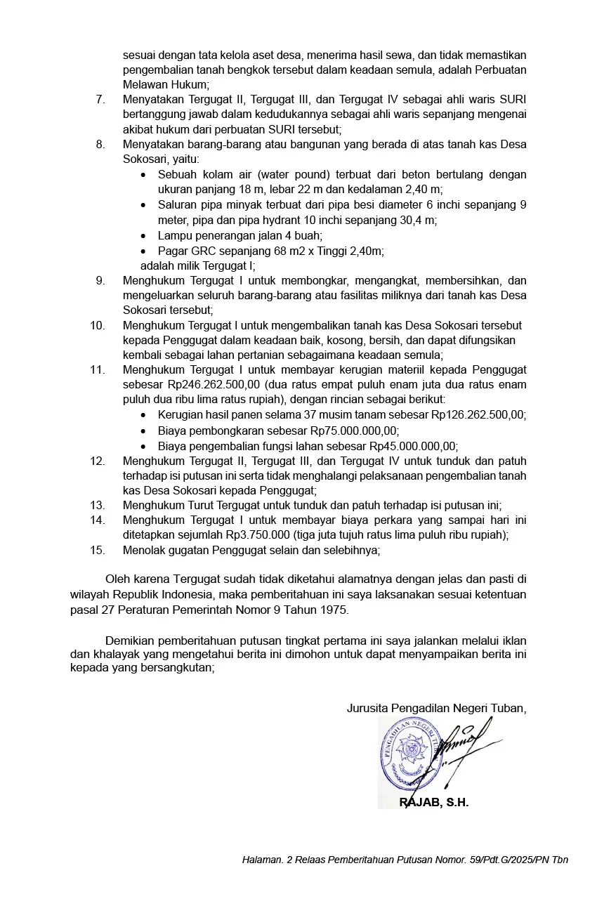 Relaas Pemberitahuan Putusan Pengadilan Negeri Tuban