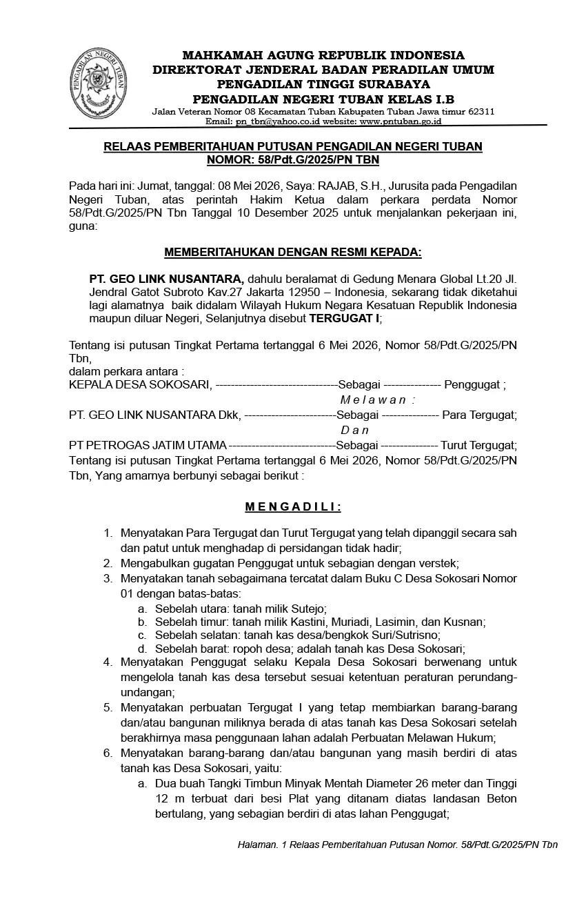 Relaas Pemberitahuan Putusan Pengadilan Negeri Tuban