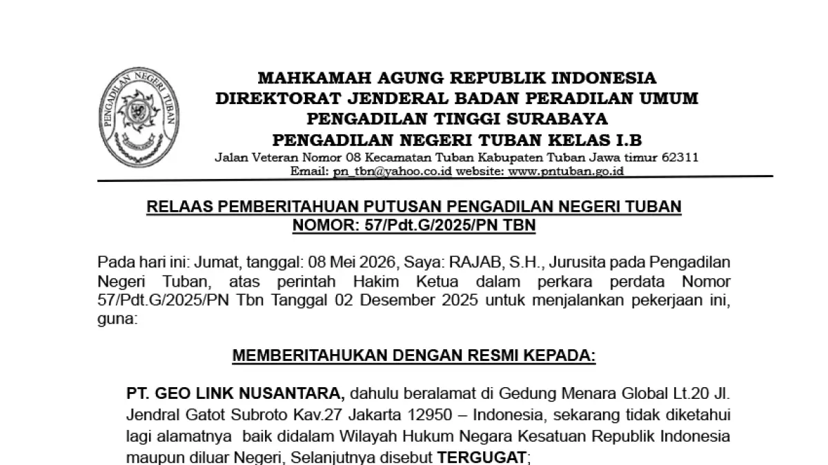Relaas Pemberitahuan Putusan Pengadilan Negeri Tuban 