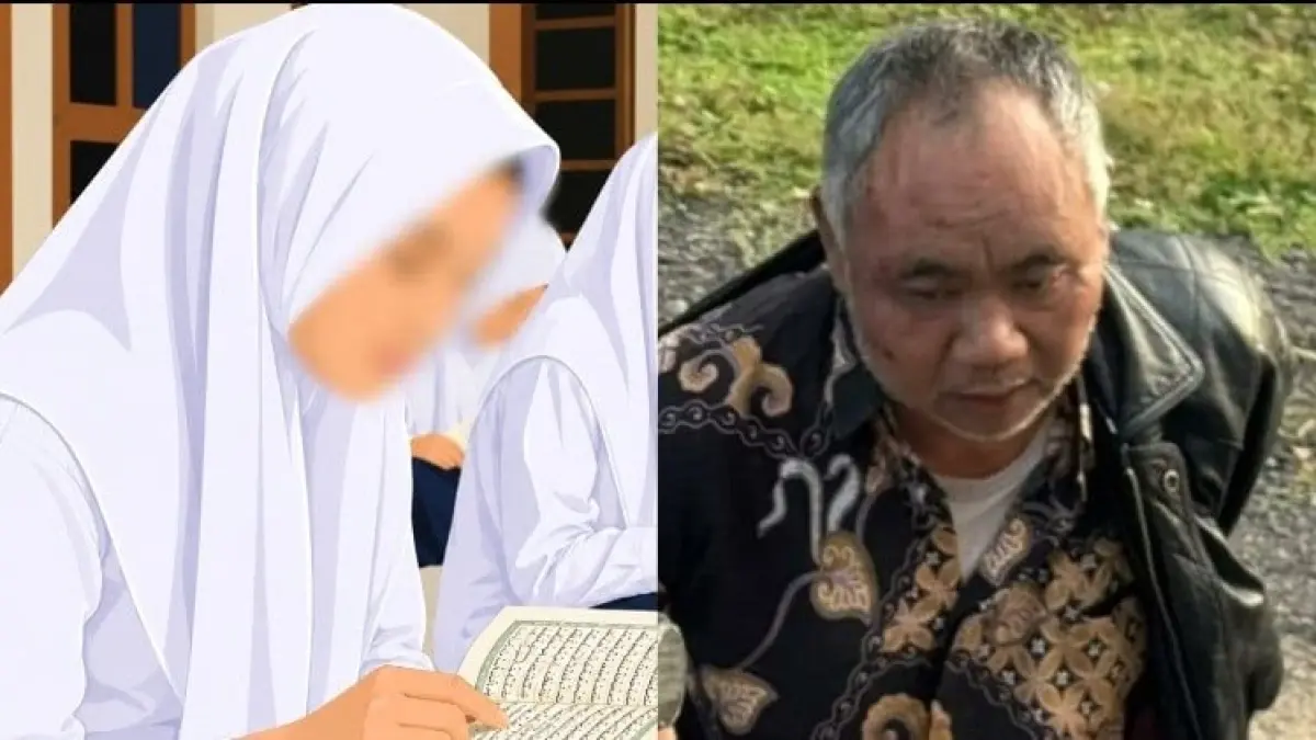 Ilustrasi santriwati (kiri) dan foto penangkapan Kiai Ashari Pati (kanan). (RADARTUBAN/AI)