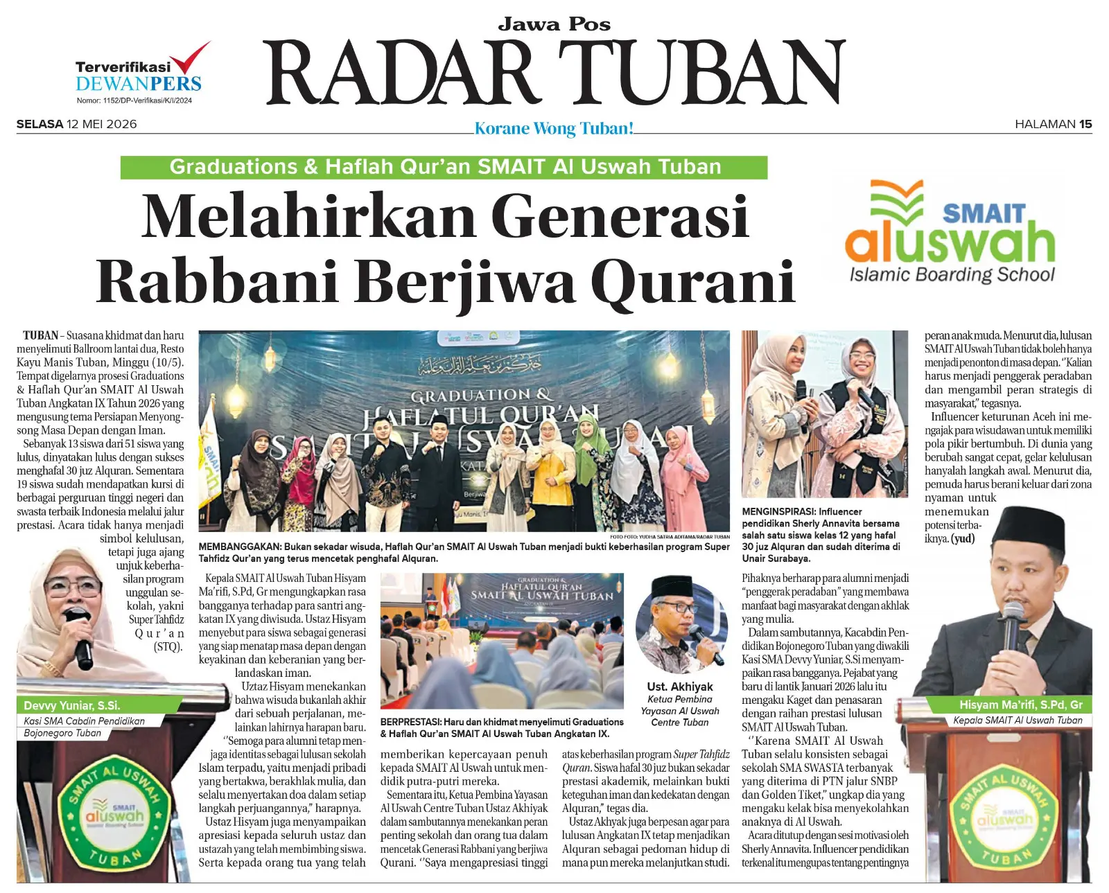 Program Super Tahfidz Qur’an SMAIT Al Uswah Tuban kembali mencetak hafidz 30 juz pada wisuda tahun 2026.