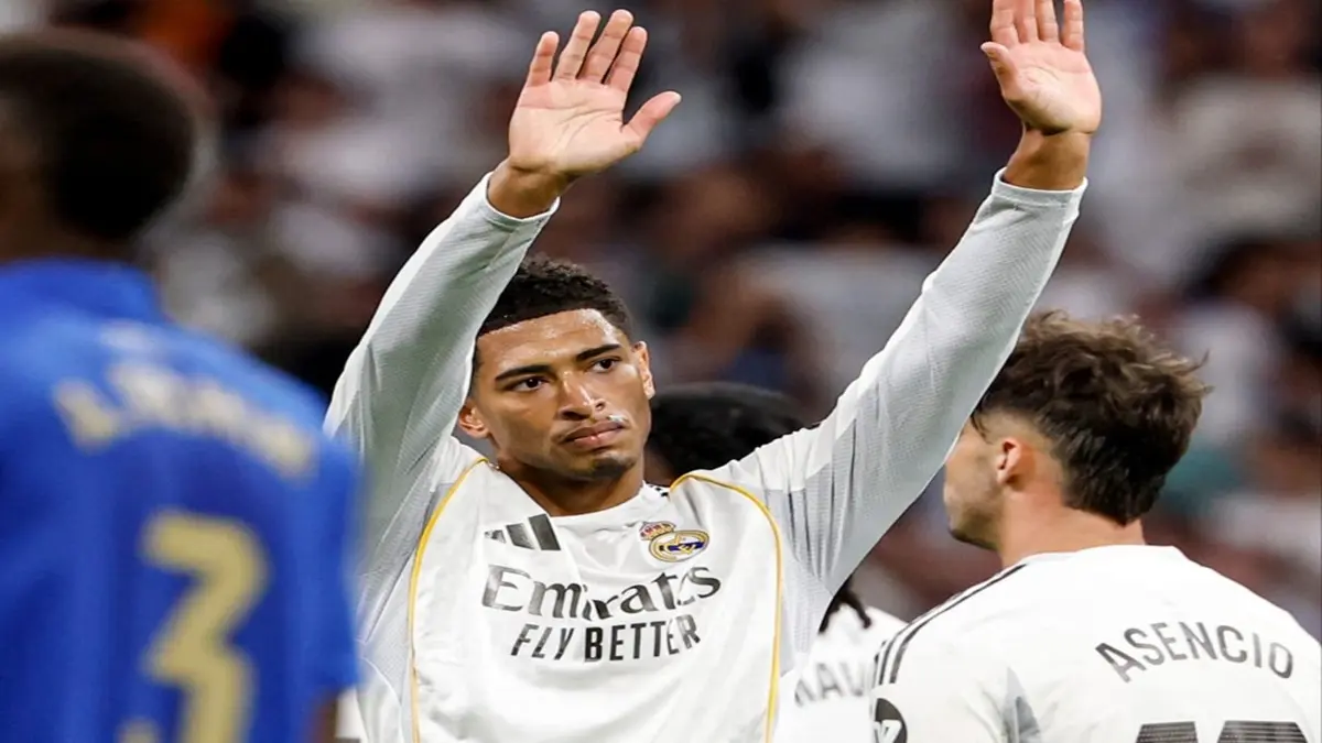 Pemain Real Madrid, Jude Bellingham, usai cetak gol. (Instagram/realmadrid)