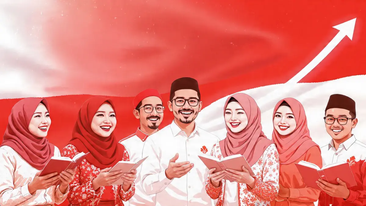 Ilustrasi Bendera Merah Putih dengan Orang-Orang Membawa Buku. (RADARTUBAN/AI)