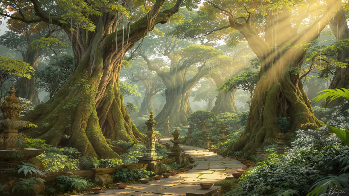 Ilustrasi hutan dengan nuansa spiritual. (RADARTUBAN/AI)