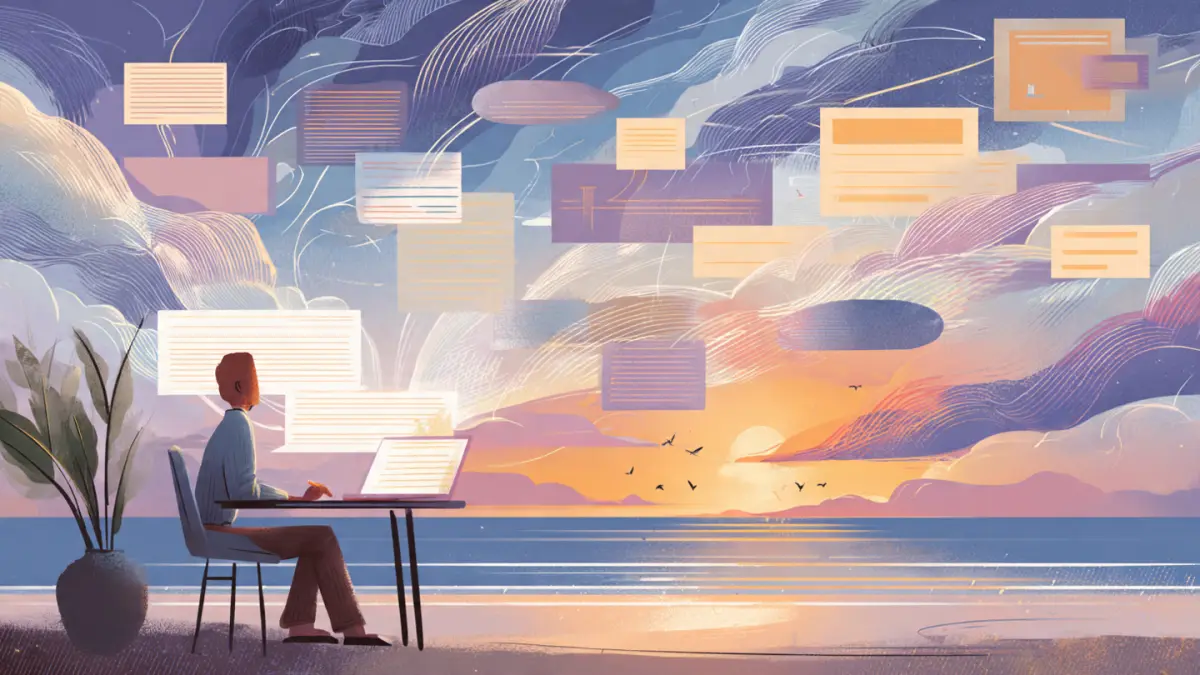 Ilustrasi seorang pria duduk di tepi pantai dengan banyak pikiran&nbsp; (RADAR TUBAN/AI)