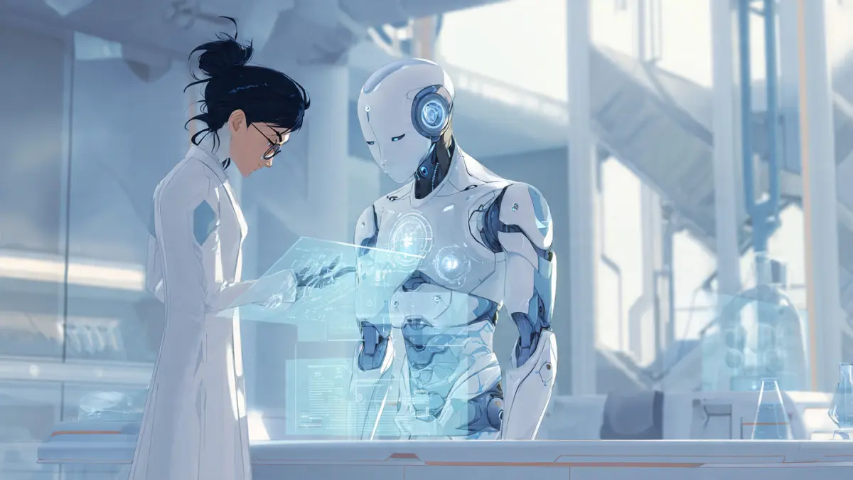 Ilustrasi ilmuwan dan robot AI. (RADAR TUBAN/AI)