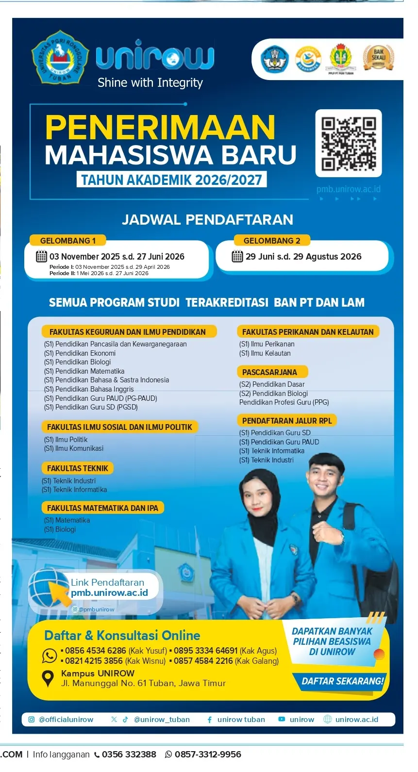 PMB Unirow Tuban 2026 menghadirkan berbagai kemudahan dan program unggulan untuk lulusan SMA sederajat di Tuban dan sekitarnya.