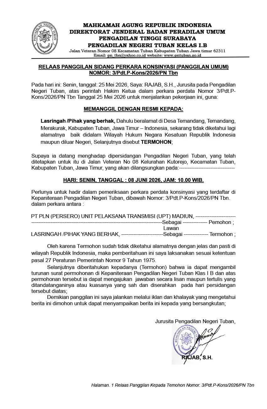 RELAAS PANGGILAN SIDANG PERKARA KONSINYASI (PANGGILAN UMUM)