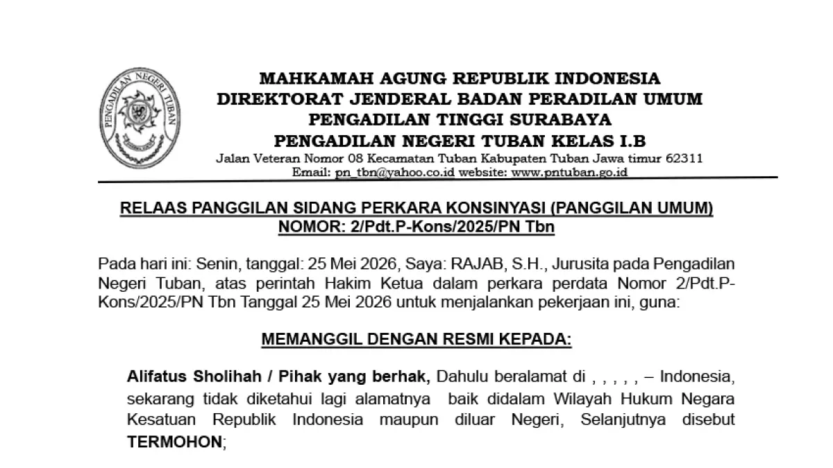 RELAAS PANGGILAN SIDANG PERKARA KONSINYASI (PANGGILAN UMUM)
