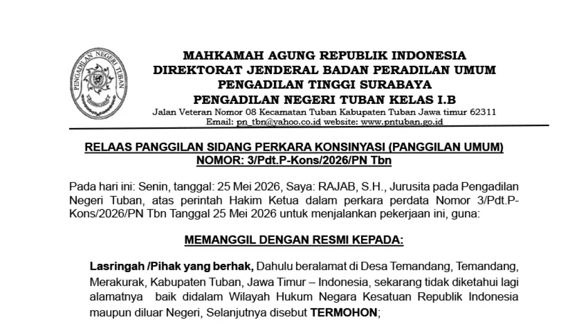 RELAAS PANGGILAN SIDANG PERKARA KONSINYASI (PANGGILAN UMUM)