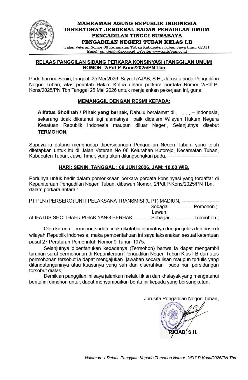 RELAAS PANGGILAN SIDANG PERKARA KONSINYASI (PANGGILAN UMUM)