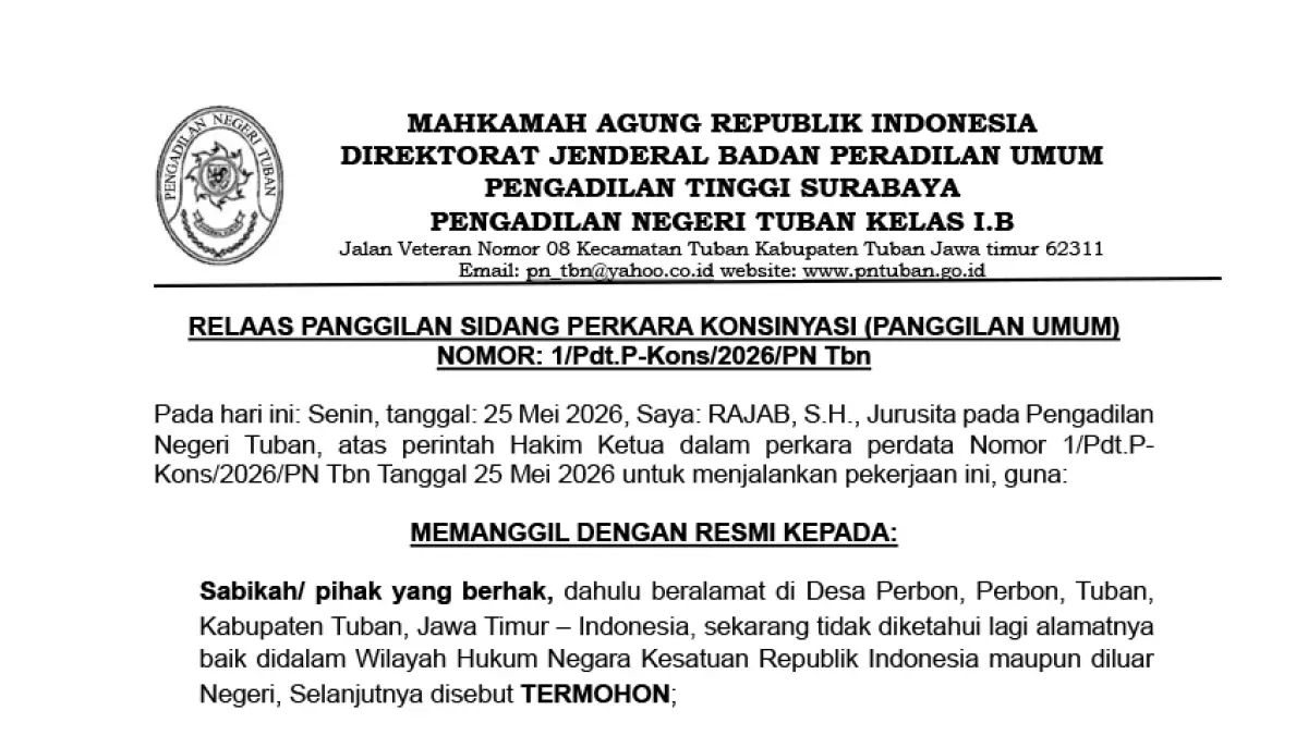 RELAAS PANGGILAN SIDANG PERKARA KONSINYASI (PANGGILAN UMUM)