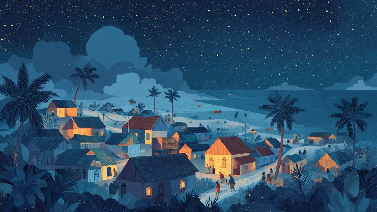 Ilustrasi suasana malam clear sky rumah-rumah di tepi laut. (RADARTUBAN/AI)