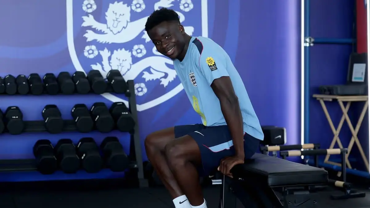 Pemain Inggris, Bukayo Saka Dalam Sebuah Latihab Kebugaran. (The FA/Eddie Keogh)