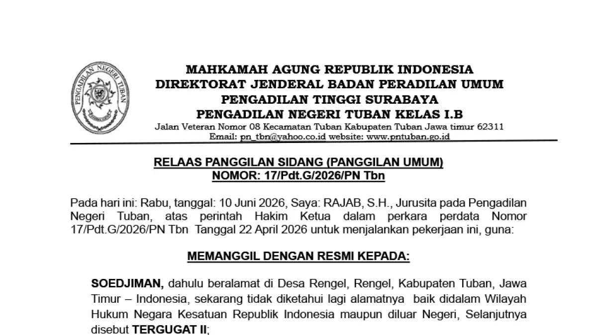RELAAS PANGGILAN SIDANG (PANGGILAN UMUM) NOMOR: 17/Pdt.G/2026/PN Tbn
