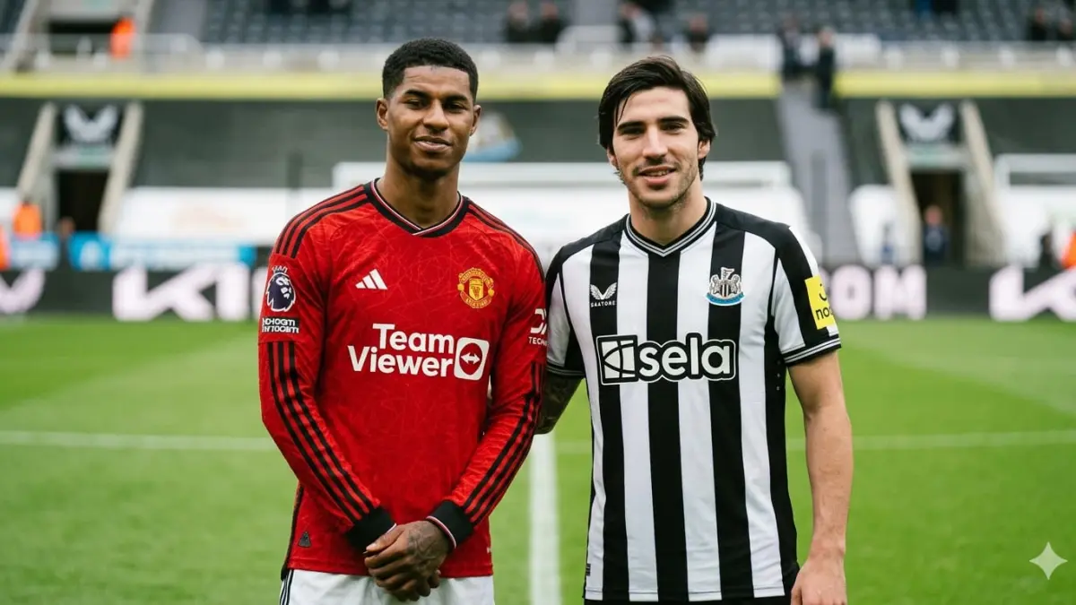 Marcus Rashford dan Sandro Tonali dikabarkan jadi buruan utama Spurs. (RADARTUBAN/AI)