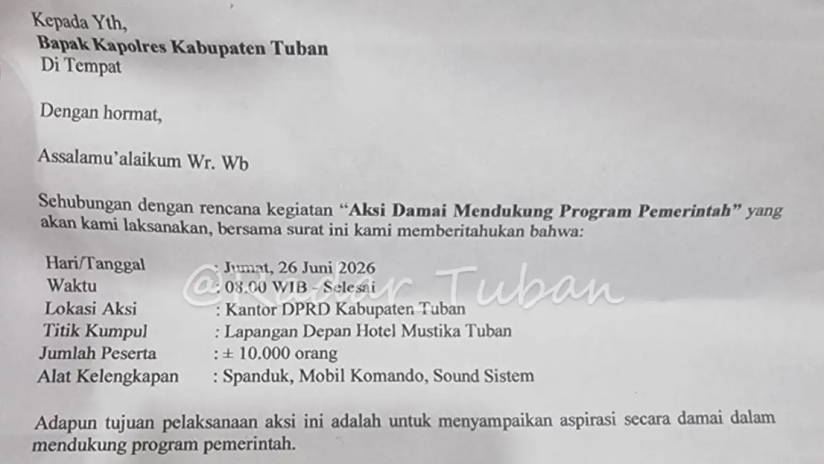 Surat izin aksi damai bertema mendukung program pemerintah akan digelar AKT di DPRD Tuban pada 26 Juni 2026. (DOKUMENTASI RADAR TUBAN)