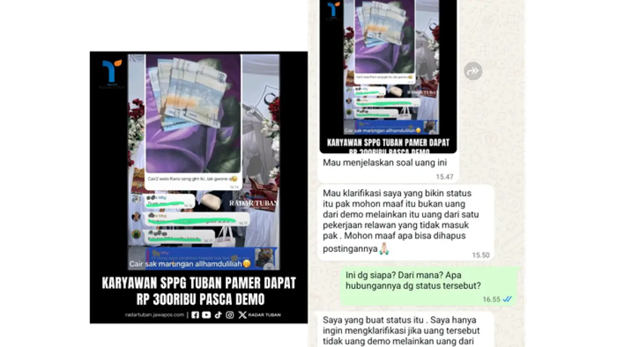 Unggahan media sosial yang menunjukkan tangkapan layar karyawan SPPG pamer Rp 300 ribu pasca demo. (RADAR TUBAN)