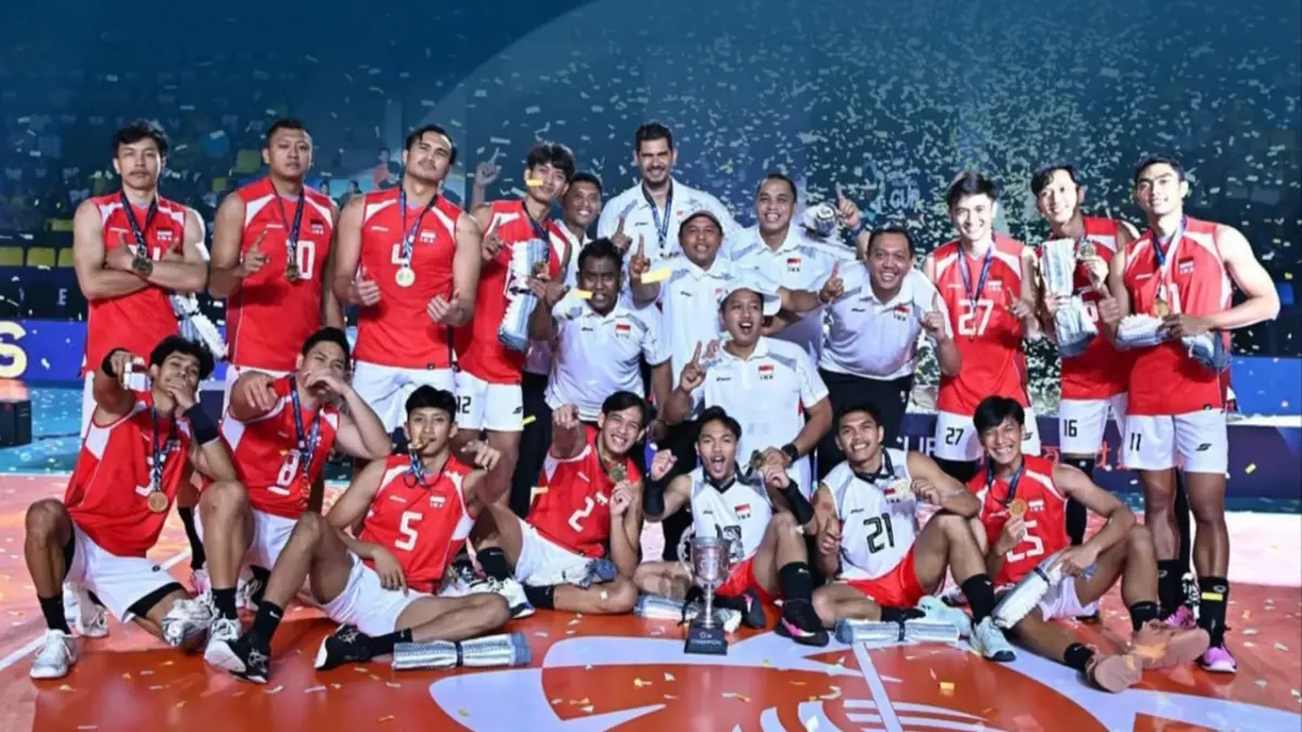 Momen perayaan juara timnas voli putra Indonesia di ajang AVC Mens Volley Ball Cup 2026. (Istimewa)