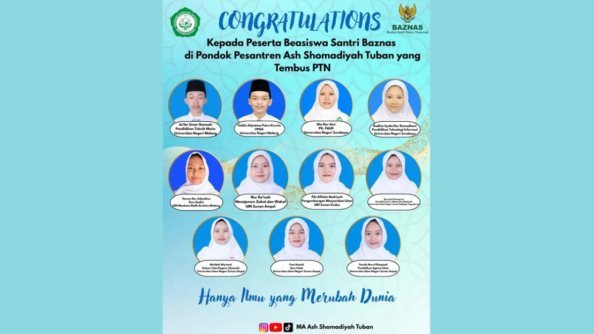 MA Ash Shomadiyah Tuban kembali mencetak prestasi dengan mengantarkan 11 siswanya lolos ke berbagai PTN melalui pembinaan akademik yang berkelanjutan.