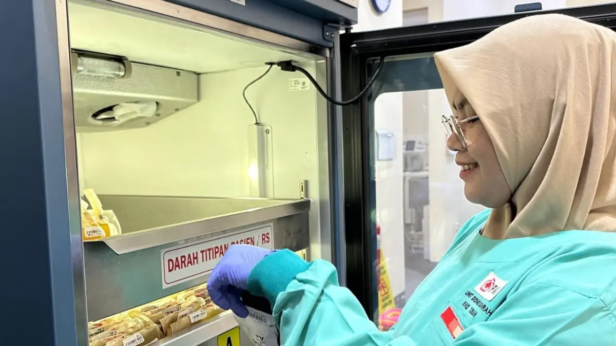 Petugas UDD PMI Tuban melakukan pengecekan pada kantong-kantong darah yang telah steril sebelum didistribusikan. (UDD PMI UNTUK RADAR TUBAN)