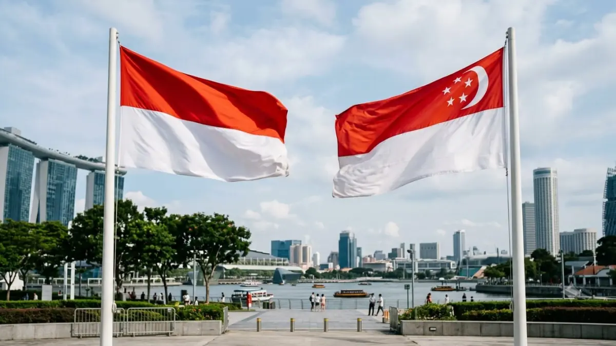 Ilustrasi Bendera Indonesia dan Singapura. (RADARTUBAN/AI)