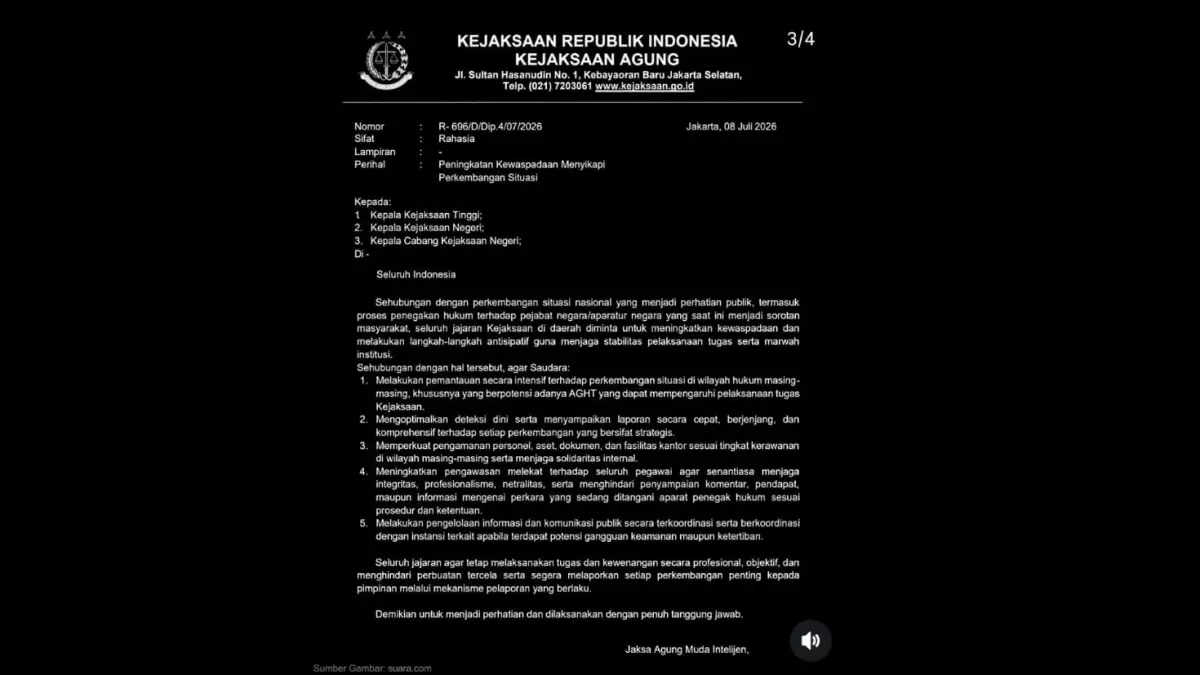 Surat dari Kejaksaan yang salah satu poin menginstruksikan seluruh Jaksa tutup mulut atas informasi apa pun dari internal. (Instagram/Total Politik)